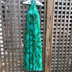 BCBGMaxAzria Green Silk V-Neck Halter Maxi Dress Gown